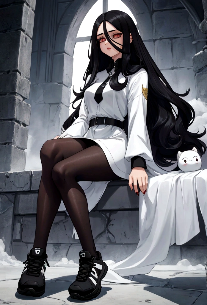 Age 22, white skin girl, almost speaks, Bblack hair, extremely long hair, Cramped, black pantyhose, black sneakers, Bblack hair, hair between the eyes, White hair, cloused mouth, range, cabelo bagunçado saia formal Bblack hair grande extremely long hair olhos cinzas olhos cinzas olhos cinzas]