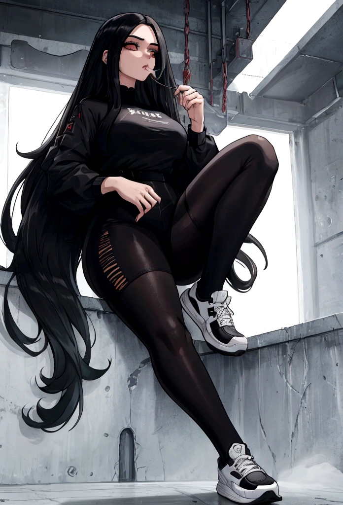 Age 22, Caucasian skin, almost speaks, Bblack hair, blue at the tips, extremely long hair, Cramped, black pantyhose, black sneakers, Bblack hair, hair between the eyes, White hair, cloused mouth, range, cabelo bagunçado saia formal Bblack hair grande extremely long hair olhos azuis