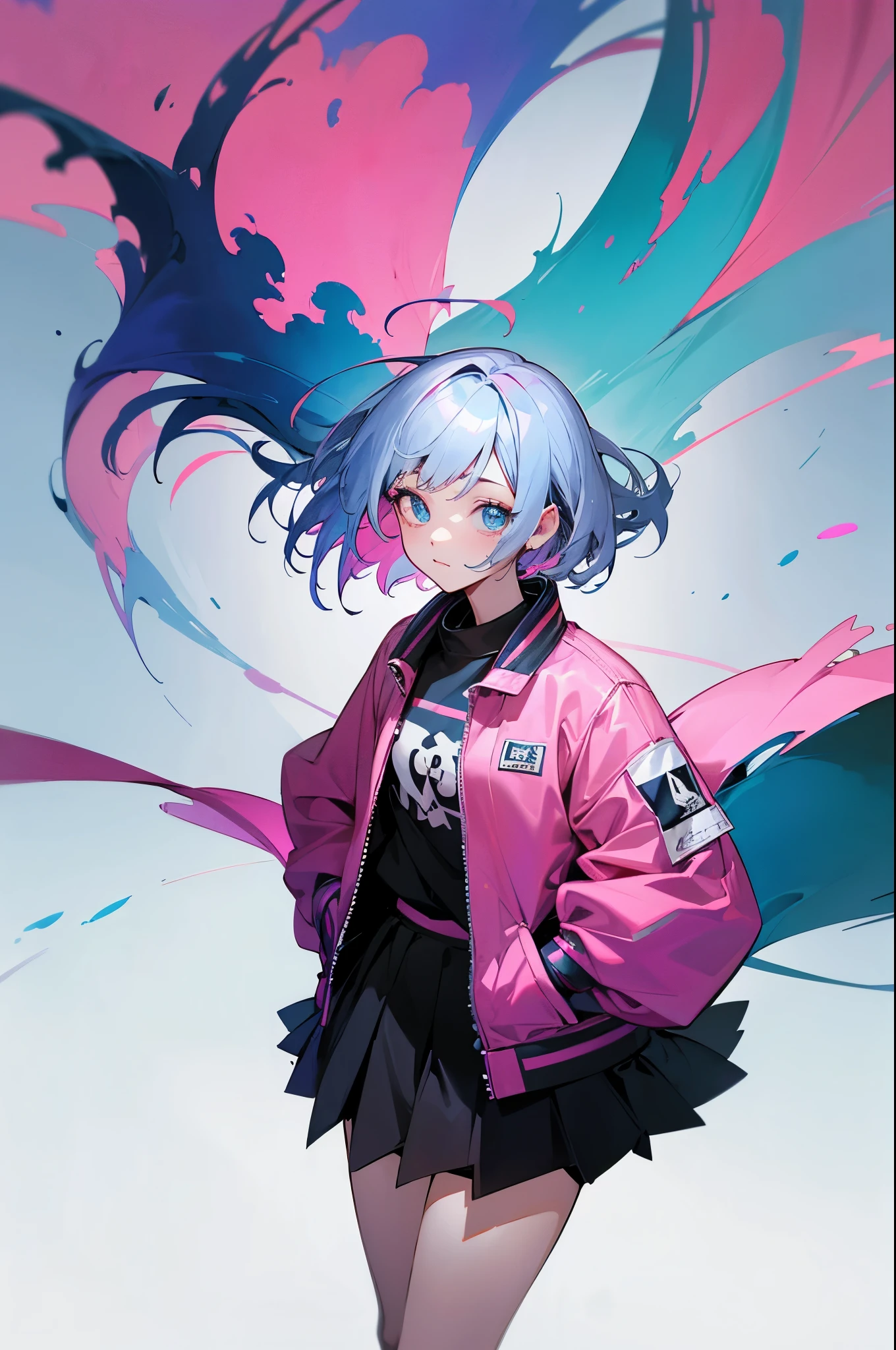 masutepiece, Highest Quality, ultra-detailliert, High resolution, (Ink painting style), Good anatomy, 1 beautiful woman, Captivating, Colorful, 2 line hair, Short bob cut, Solo, Skirt, Jacket, harajuku wear, blue ionochrome, Colorful breakup, White hair, Oil Painting, High detail lights, sharp sketch, Cyberpunk, Dynamic Pose, Cute anime face, Dynamic Angle, poptoon, hair inner color, Many lines of hair, limit pallet, Looking at Viewer, ((Floating hair)),Official art, Beautiful detailed eyes, beautifull detailed face, beautiful detailed hair, Colorful background, Beautiful and detailed clothes, Limited color fiber, Many limited color particles, disheveled hair, Wind, extremely detailed fingers, beautifull detailed face, Wavy Hair, Asymmetrical hair, best light, Best Shadow, Mysterious, Perfect face, Highly detailed, arms in pockets