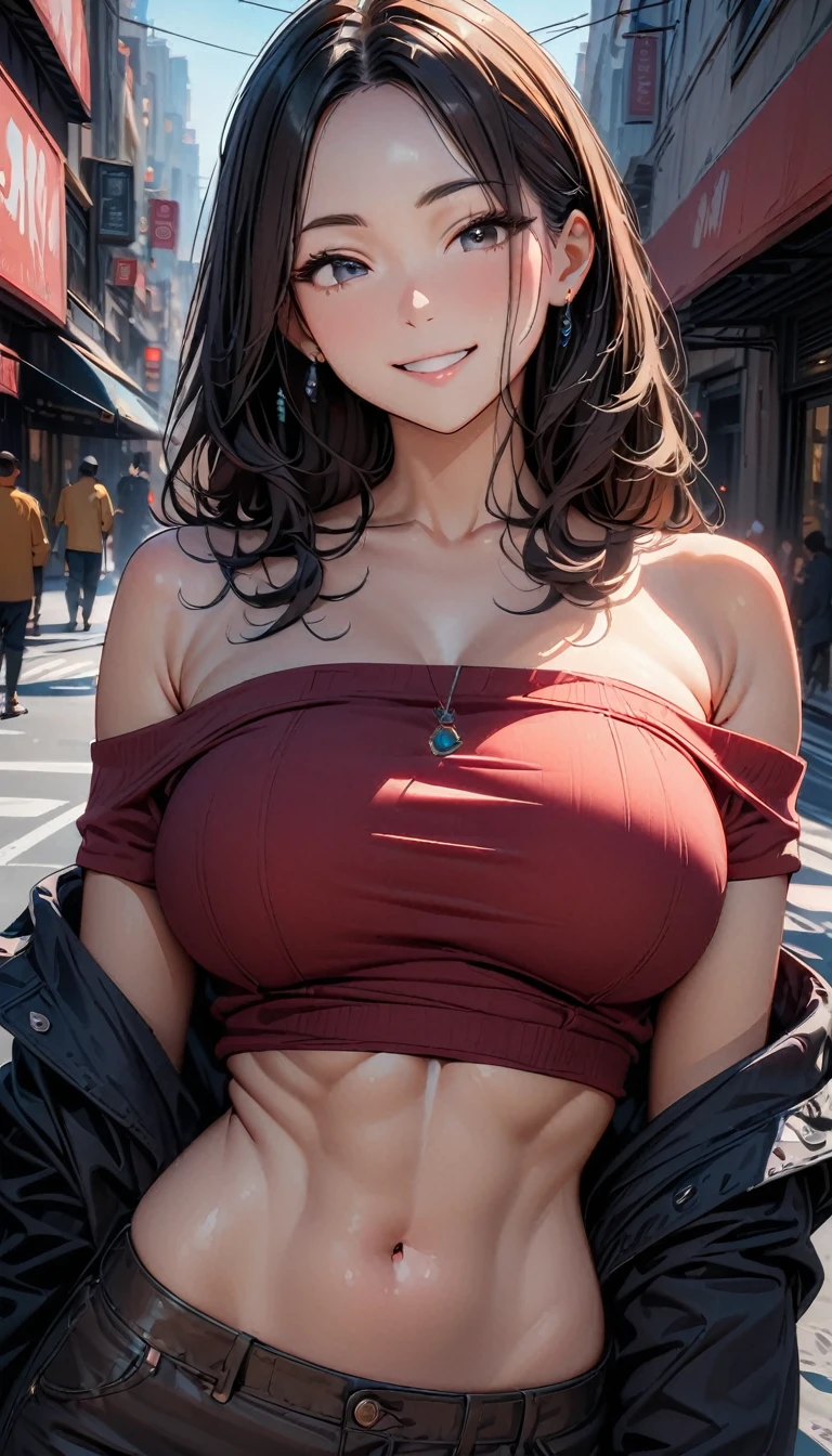 RAW Photos, looking to the camera, ((of the highest quality, 8k, Masterpiece:1.3)), sharp focus: 1.2, beautiful features, the best smile, Nice smile, beautiful woman with perfect style:1.4, slim abs:1.2, black fur, off the shoulder, (natural light, city street: 1.1), Very detailed face and skin texture., fine wheat, double eyelid.big breasts