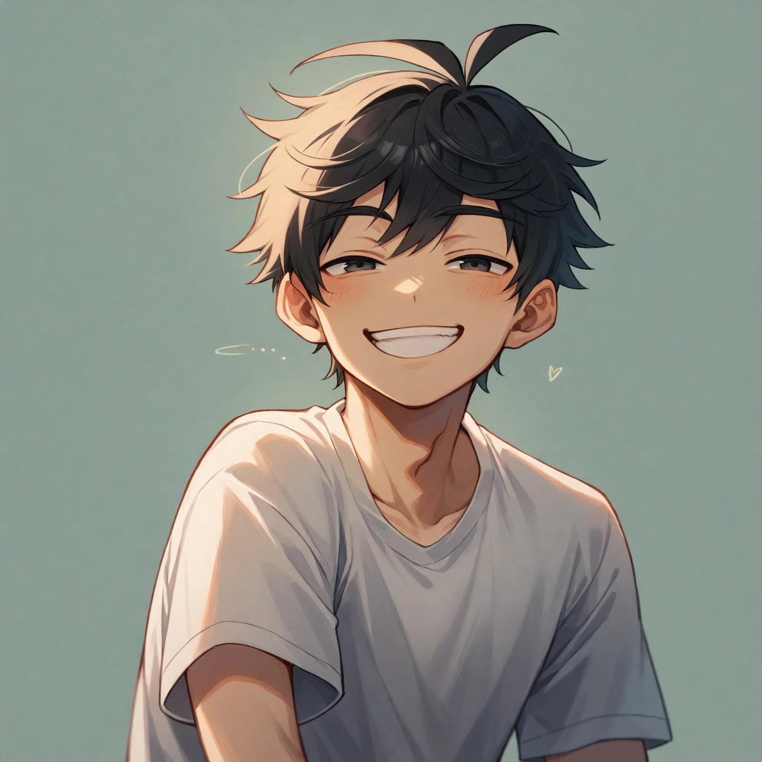 a close up of a person with black hair, [[[[grinning evily]]]], smiling sweetly, smug grin, grinning lasciviously, smileing nright, he is smiling, young anime man, happy expression, anime boy, smiling expression, black anime boy, grinning, smug smile, serene smile