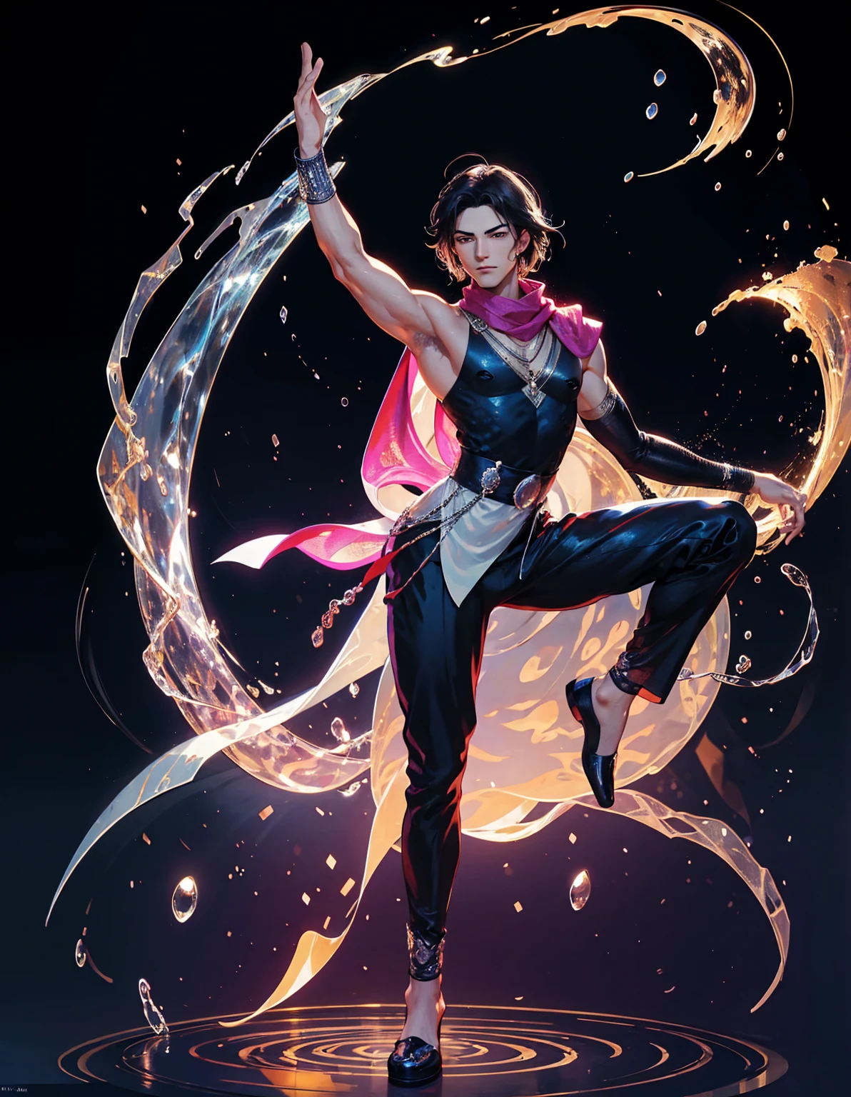 The silhouette of an ancient Persian male dancer in the style of cool, swirling fire around his body and feet. He is performing a dance with one leg raised high in an arabesque pose. He wears a black silk tunic over red trousers and a short scarf. motrion blur, It is a full-body shot with an ornate pattern of symbols and calligraphy in the background. The art is digital. --ar 3:4 --niji 6