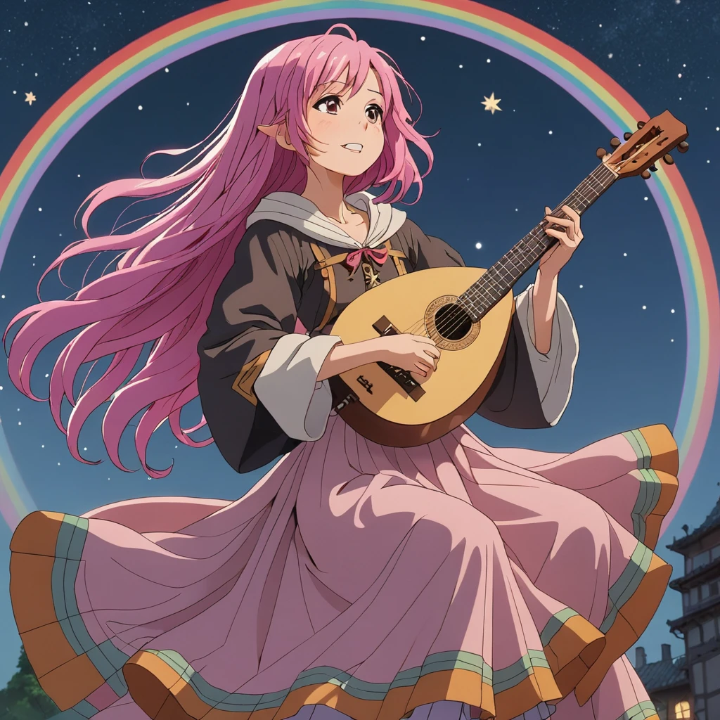 Cinematic shots, At the moonlit intersection of a mysterious world, A minstrel with a lute and star-cloak serenades the wandering spirits. Melody weaves a tale of love and loss, And the spirits perform a mesmerizing dance., (Anime rainbow illustration :1.3)、Pink hair girl