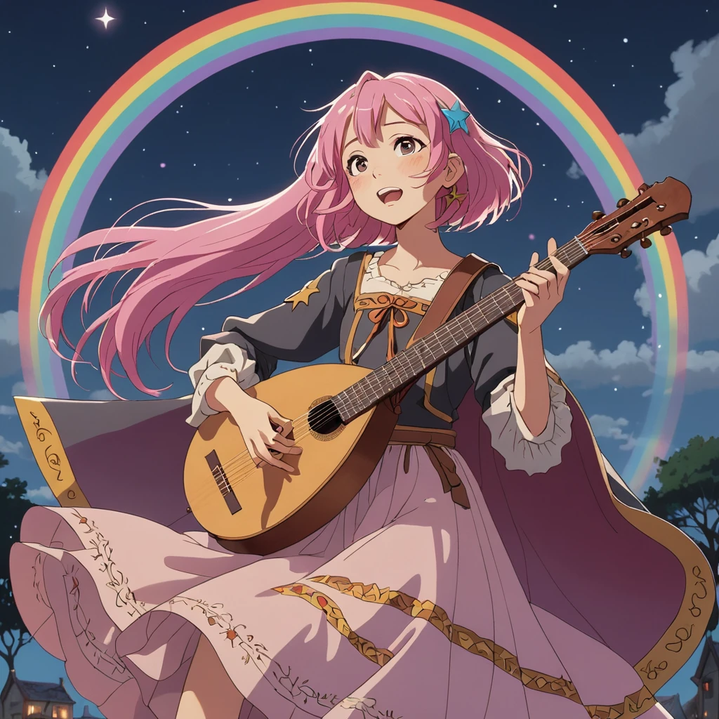 Cinematic shots, At the moonlit intersection of a mysterious world, A minstrel with a lute and star-cloak serenades the wandering spirits. Melody weaves a tale of love and loss, And the spirits perform a mesmerizing dance., (Anime rainbow illustration :1.3)、Pink hair girl