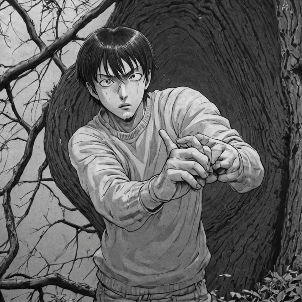 1strong man, punch, broken tree, (anime), bizarre scenario, This is Junji, Yusuke Murata, black and white, 8K, anime, horror