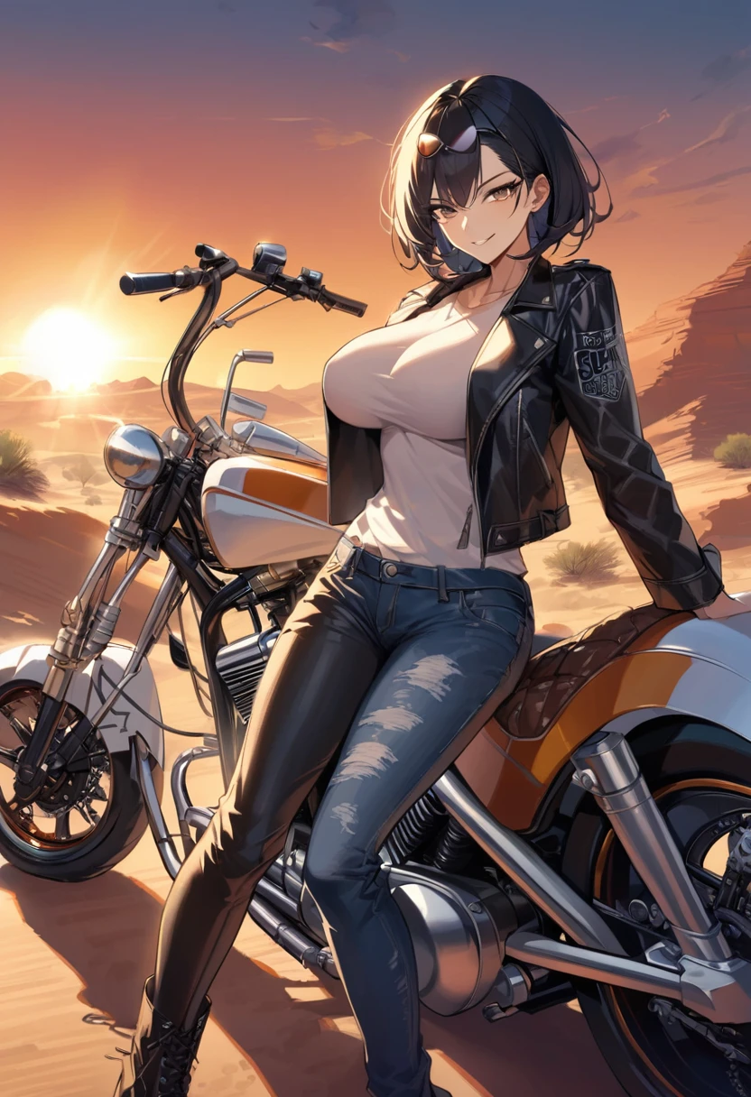 female, short messy black hair, aviator sunglasses, cigarette in mouth, black leather jacket, worn jeans, leather boots, chopper bike, desert landscape, sun above, bike gang, close up, huge breasts, defiant smile, leaning back, standing, legs crossed, crossed arms, dusk, tall