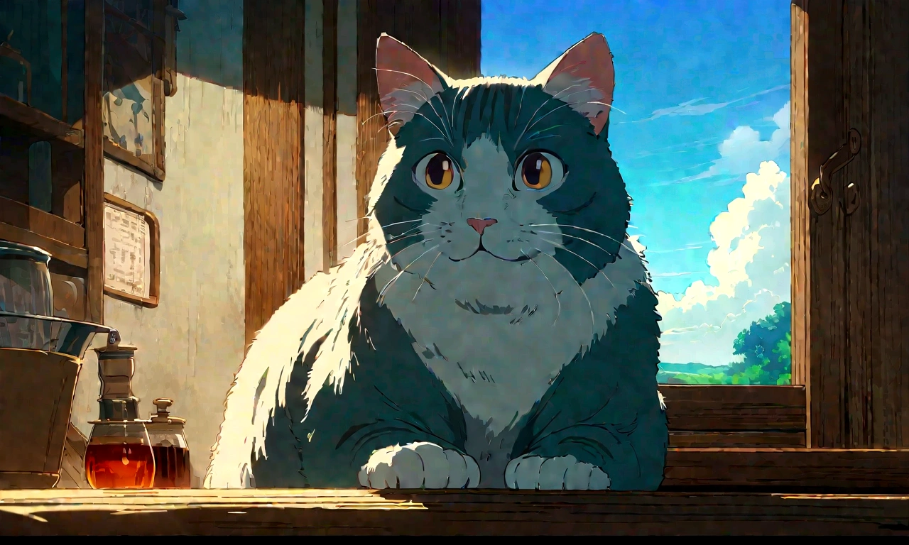 Studio Ghibli-style anime movies, Movie stills, Highest quality, masterpiece, Representative works, Official Art, Professional, Super intricate details, 8K,There is a cat、relax、indoor、A cat looking out the window、Beautiful blue sky