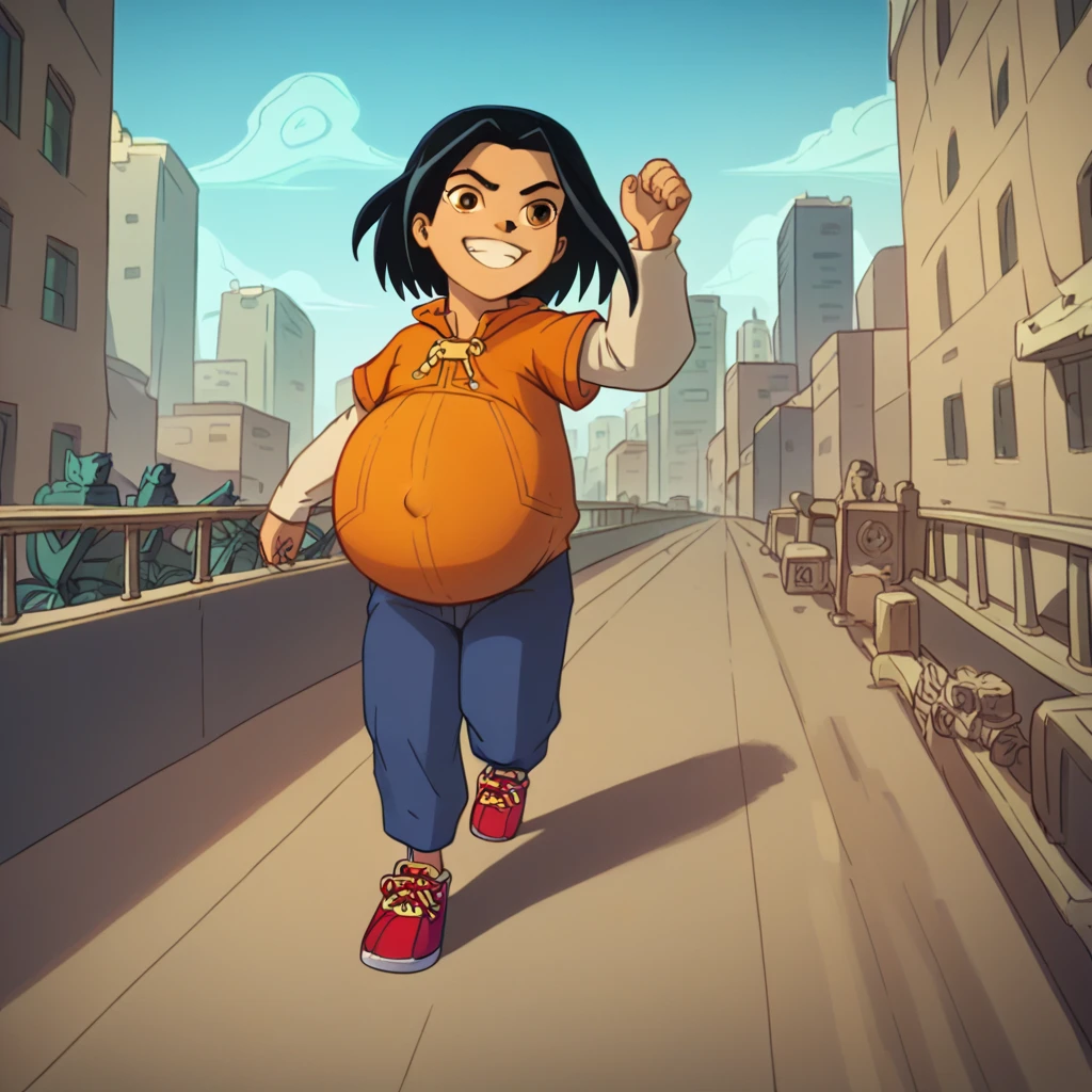 score_9, score_8_up, score_7_up, semirealistic girl walking on bridge, , smirking jadechan, short black hair, solo, brown eyes, wind, 1girl, orange hoodie, long white sleeves, blue pants, sneakers, city in the background, clear sky, hyper-pregnant, short stature, elementary school student 