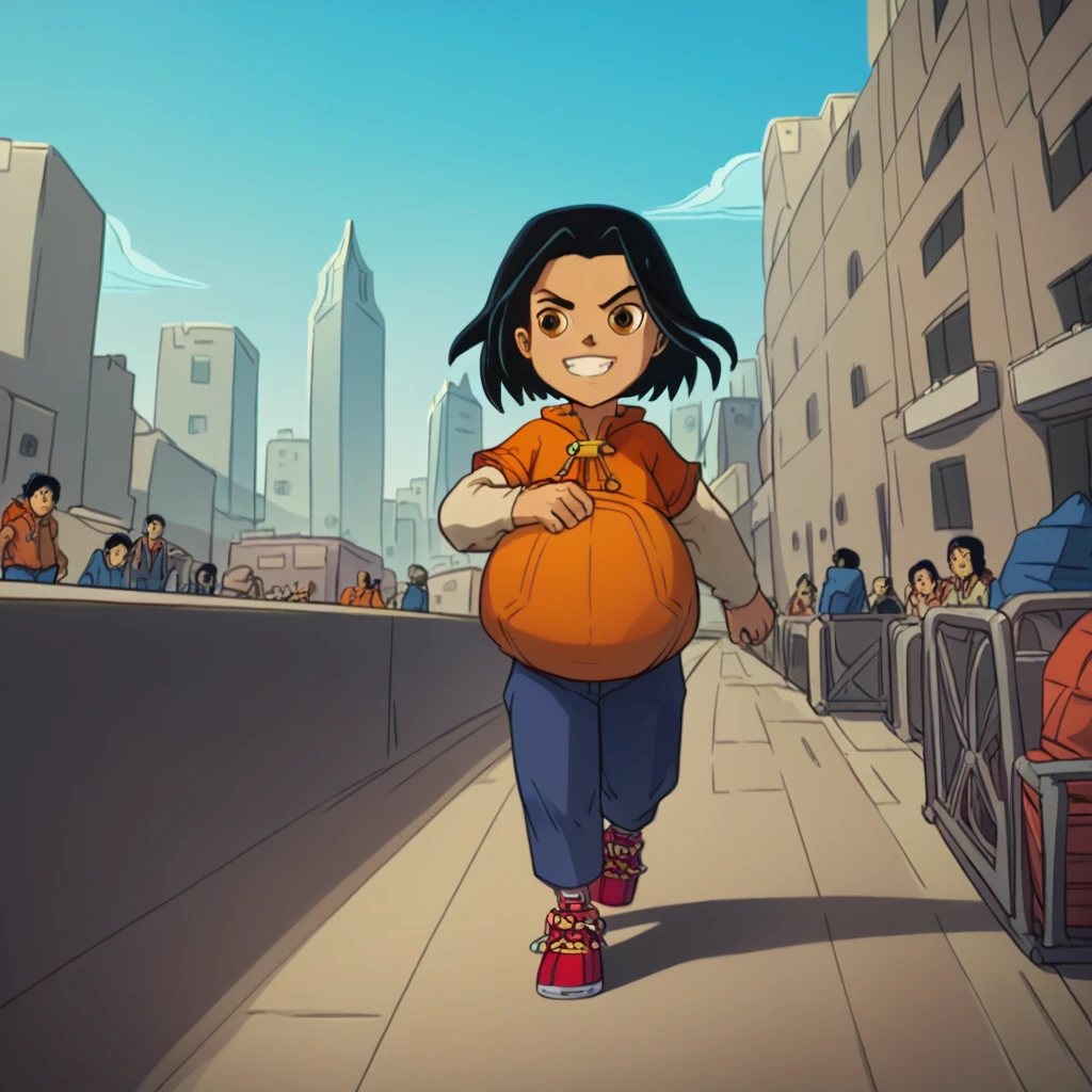 score_9, score_8_up, score_7_up, semirealistic girl walking on bridge, , smirking jadechan, short black hair, solo, brown eyes, wind, 1girl, orange hoodie, long white sleeves, blue pants, sneakers, city in the background, clear sky, hyper-pregnant, short stature, elementary school student 