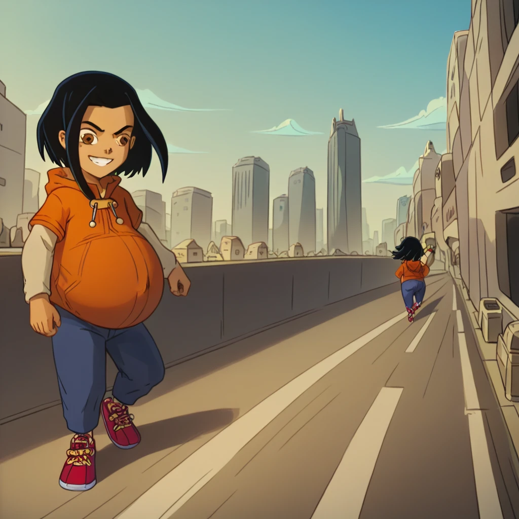 score_9, score_8_up, score_7_up, semirealistic girl walking on bridge, , smirking jadechan, short black hair, solo, brown eyes, wind, 1girl, orange hoodie, long white sleeves, blue pants, sneakers, city in the background, clear sky, hyper-pregnant, short stature, elementary school student 