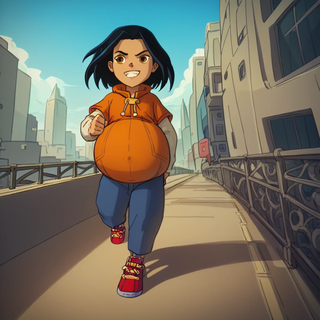 score_9, score_8_up, score_7_up, semirealistic girl walking on bridge, , smirking jadechan, short black hair, solo, brown eyes, wind, 1girl, orange hoodie, long white sleeves, blue pants, sneakers, city in the background, clear sky, hyper-pregnant, short stature, elementary school student 