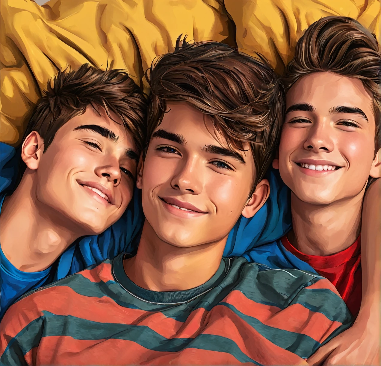 3 different cute male agers cuddling together