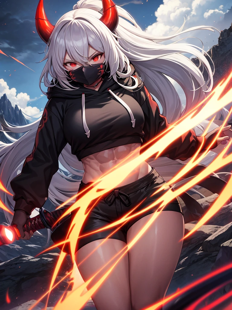 Girl , tall, long white hair , red glowing eyes ,huge ,small waist , thunder thighs,abs , big ass, black shorts ,black demon hoodie , dark Oni face mask, swinging katana , mountain backround , looking to viewer