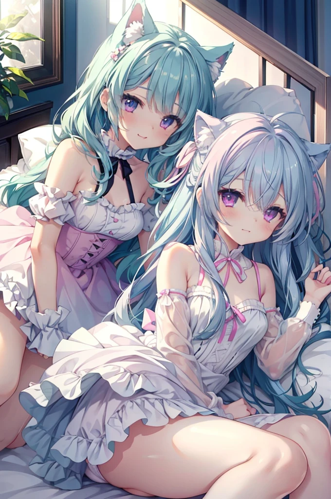 Browsing Caution,Two Girls,Lying down,((Raise both legs)),panties,Have sex,Light blue hair,Light pink hairstyles,Cat ear,Pink Eyes,light blue ta,White socks,,Pink ribbon,Laughing with your mouth open,Best image quality,Highest quality