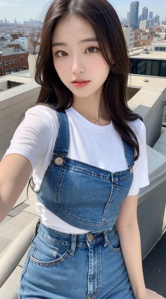((Midnight, Highest quality, 8K, masterpiece :1.3)), whole body, Long legs, Sharp focus :1.2, Beautiful woman with perfect figure :1.4, Slim Abs :1.1, ((Dark brown hair, Big Breasts :1.2)), (White tight T-shirt, Jean Bib, Are standing:1.2), ((Night city view, rooftop:1.3)), Highly detailed face and skin texture, Fine grain, double eyelid