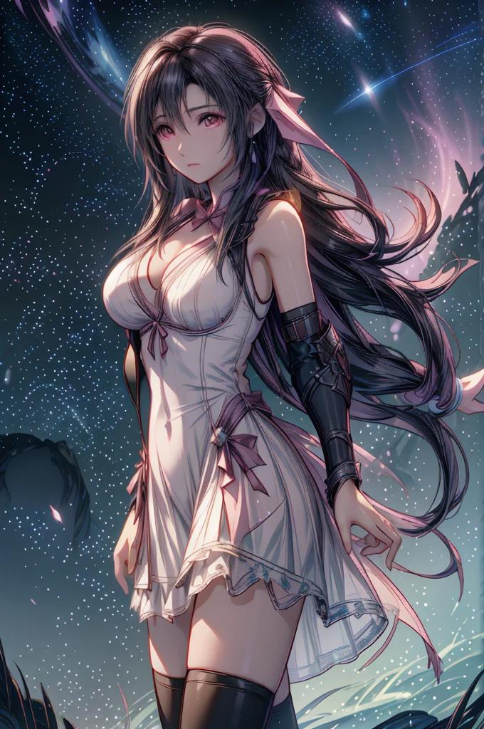 (8K HDR photorealistic pic), Tifa Lockhart, muscular, athletic, cheerful, toned body, (massive breasts), hourglass figure, fighter, long dark hair tied with ribbon at the end, ((Aerith costume, white dress, pink jacket)), realistic, seductive, red eyes, soft shadows, (masterpiece), Starry Sky with Mountains and Lake, Inspired by Jessica Rossier, Jessica Rossier Fantasy Art, Concept Art Magic Highlights, Official Artwork, Dream Painting, Ethereal Realm, Atmospheric artwork, dreamy matte paintings, serene endless stars inspired by Ted Nasmith, moonlit starry environments, epic music album covers.