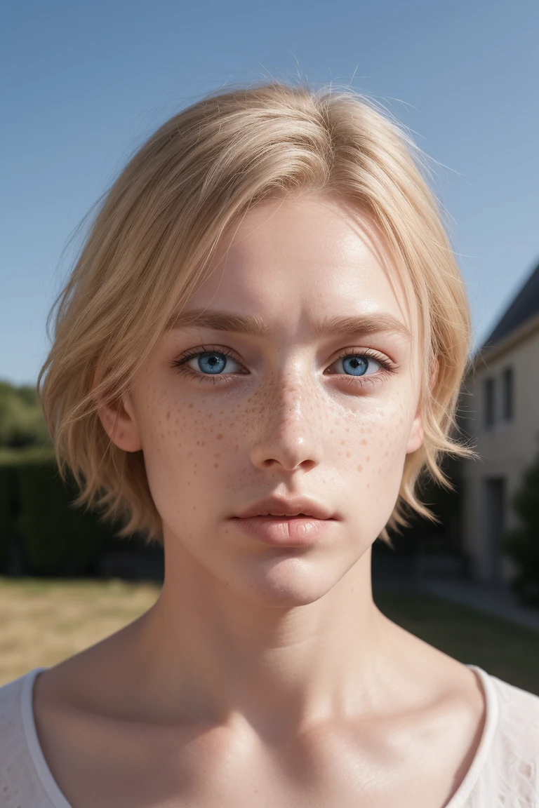 photo très réaliste, freckle, Asymmetrical face, blue eye, wavy blonde hair, reflection of the sun on his face, haut court blanc, yeux regardent la caméra, photo de face, generous chest, pouty lips, debout dans un paysage quelconque 