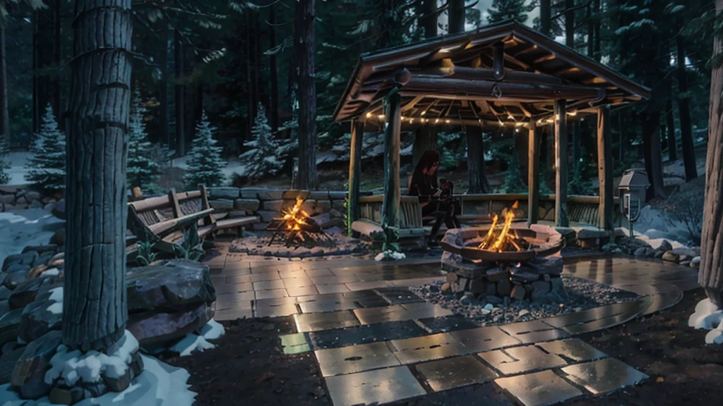 cozy bonfire with benches around it in a forest at night