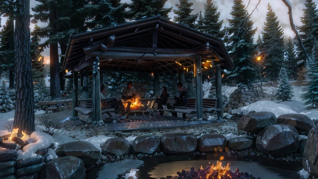 cozy bonfire with benches around it in a forest at night
