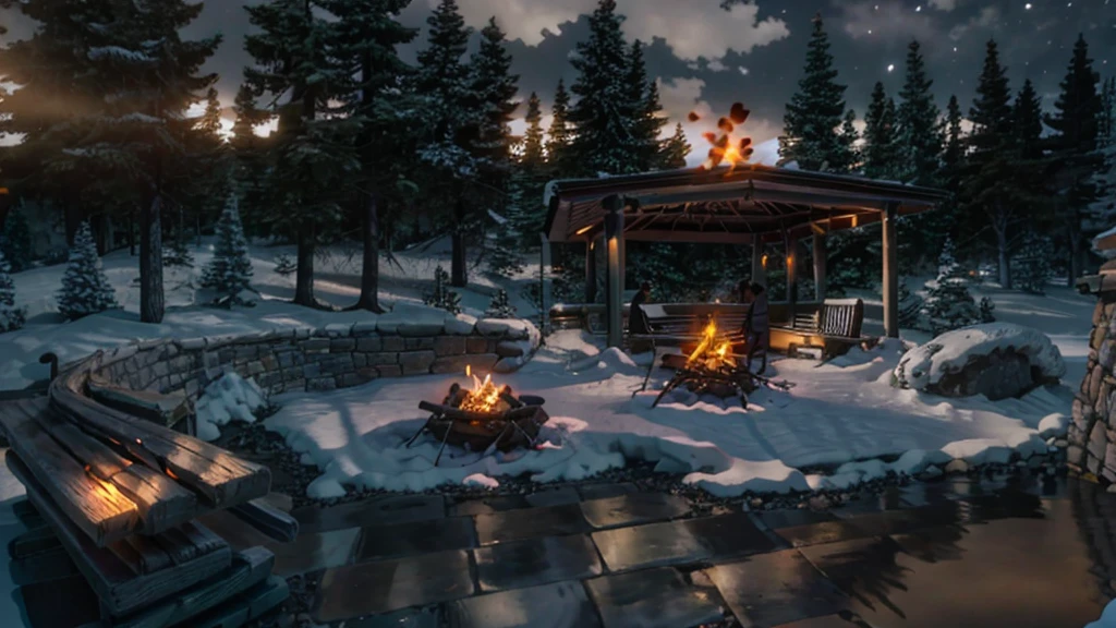 cozy bonfire with benches around it in a forest at night