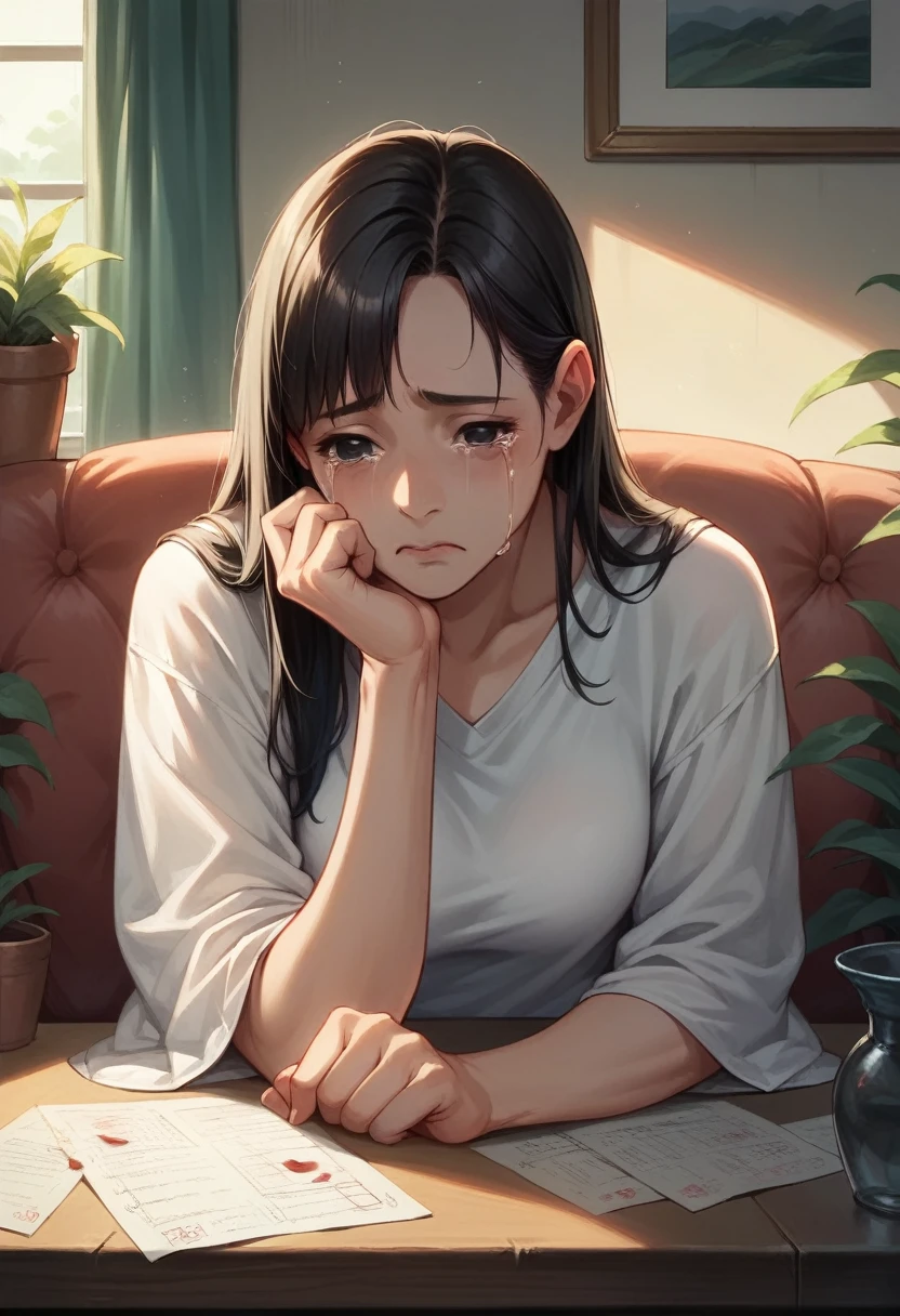 Illustration, detailed illustration, ultra-detailed, 1girl, 28 year old woman, black hair, black eyes, sad expression, sitting at dining room table, crying