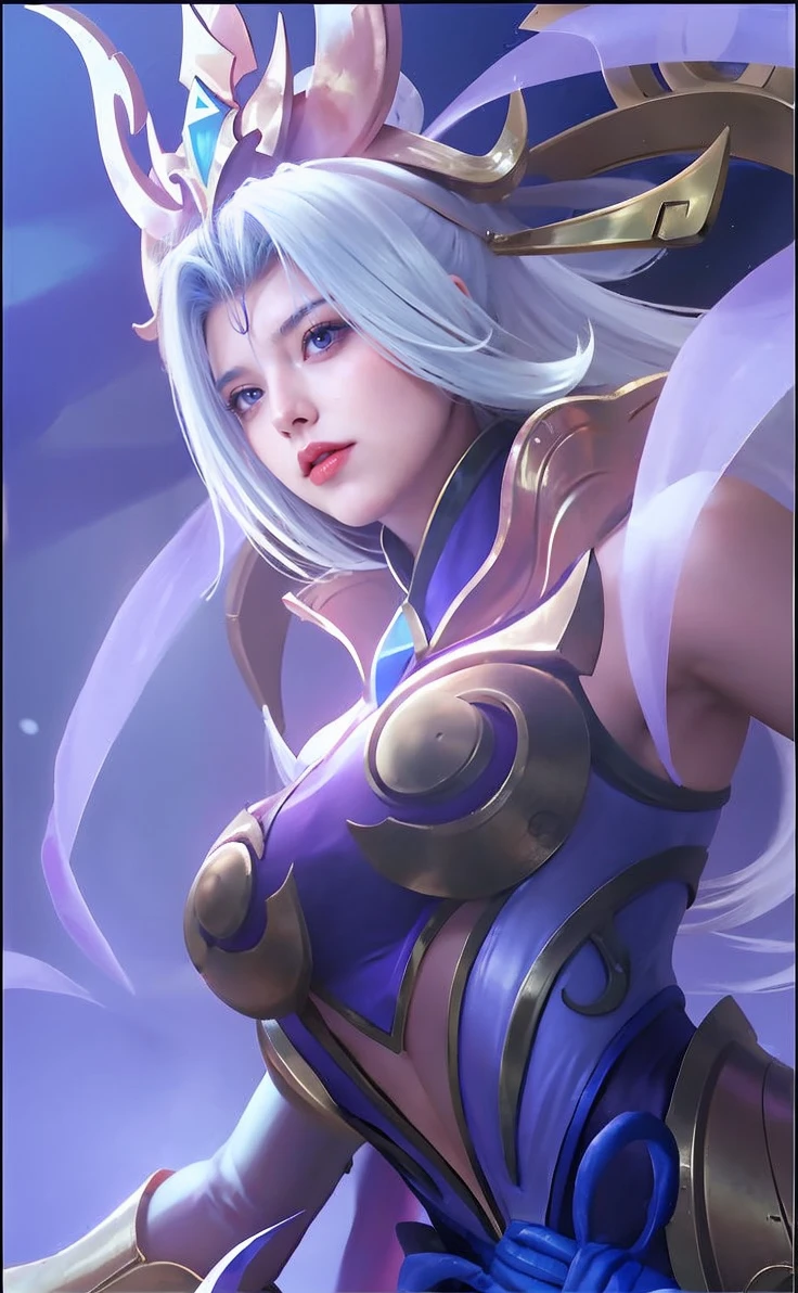 blue and white hair,The beautiful girl with purple pupils looked at the camera charmingly,Eye light