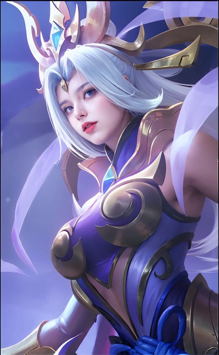 blue and white hair,The beautiful girl with purple pupils looked at the camera charmingly,Eye light