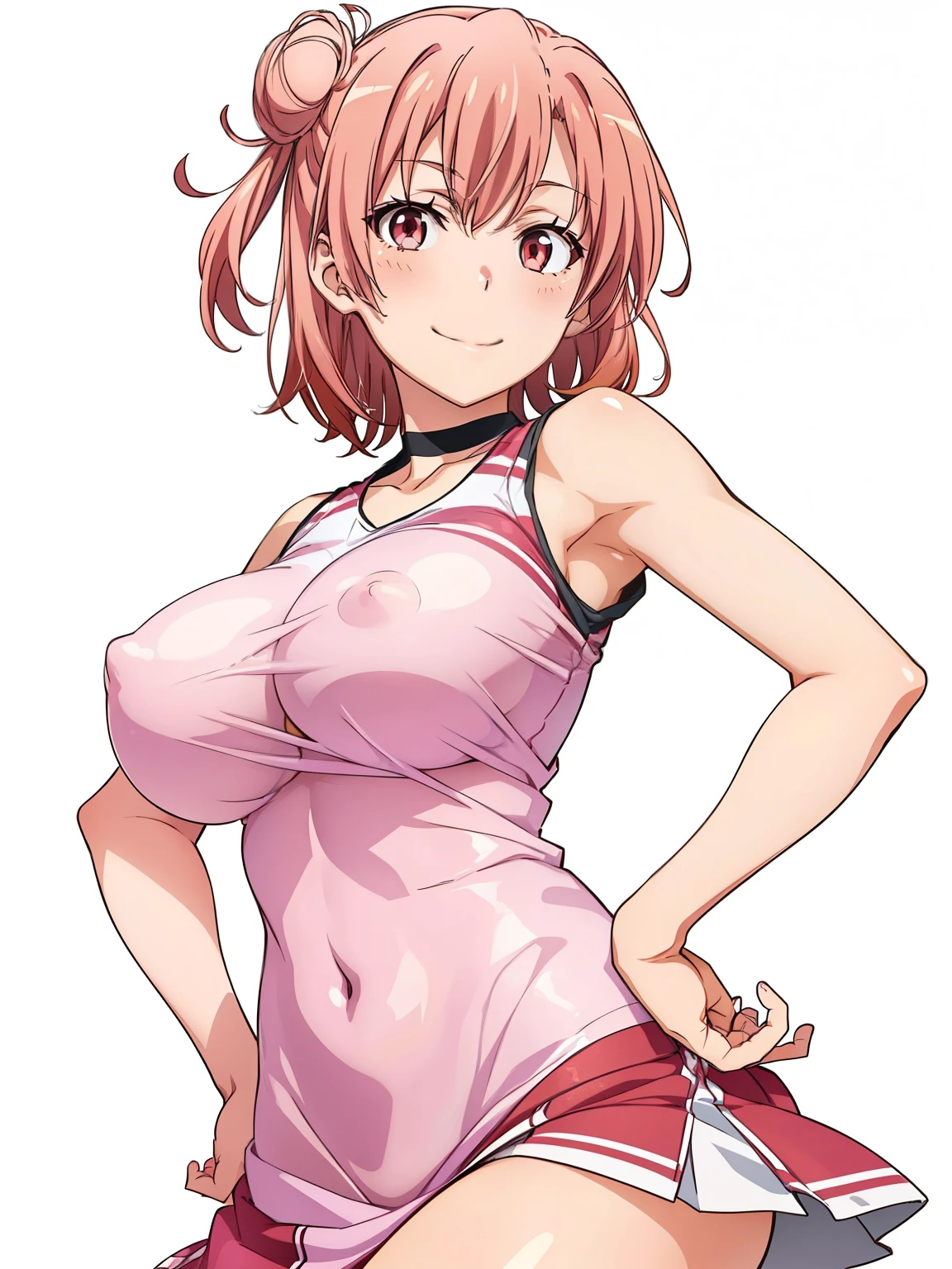 ((masutepiece, Best Quality, hight resolution, nffsw, Perfect Pixel, depth of fields, 4K, )), 1girl in, Solo, , Beautiful anime girl, Beautiful Art Style, close up, Looking at Viewer, Perfect body, Yuigahama Yui, Short hair, pink hair, hairbun, (large boob), hands on hips, cheer leader, see through, breasts, nipples, smiling, blank white background, cowboy shot