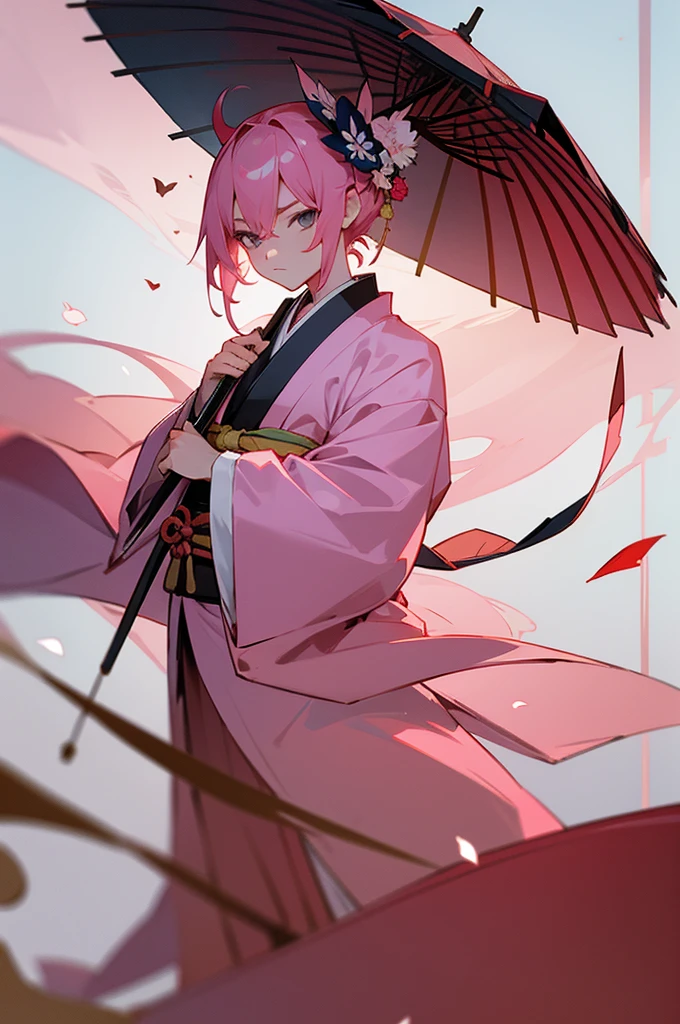 serious face, High resolution, Super detailed), 1 person,pink hair、Man in kimono、kimono、Onmyoji、beautiful boy