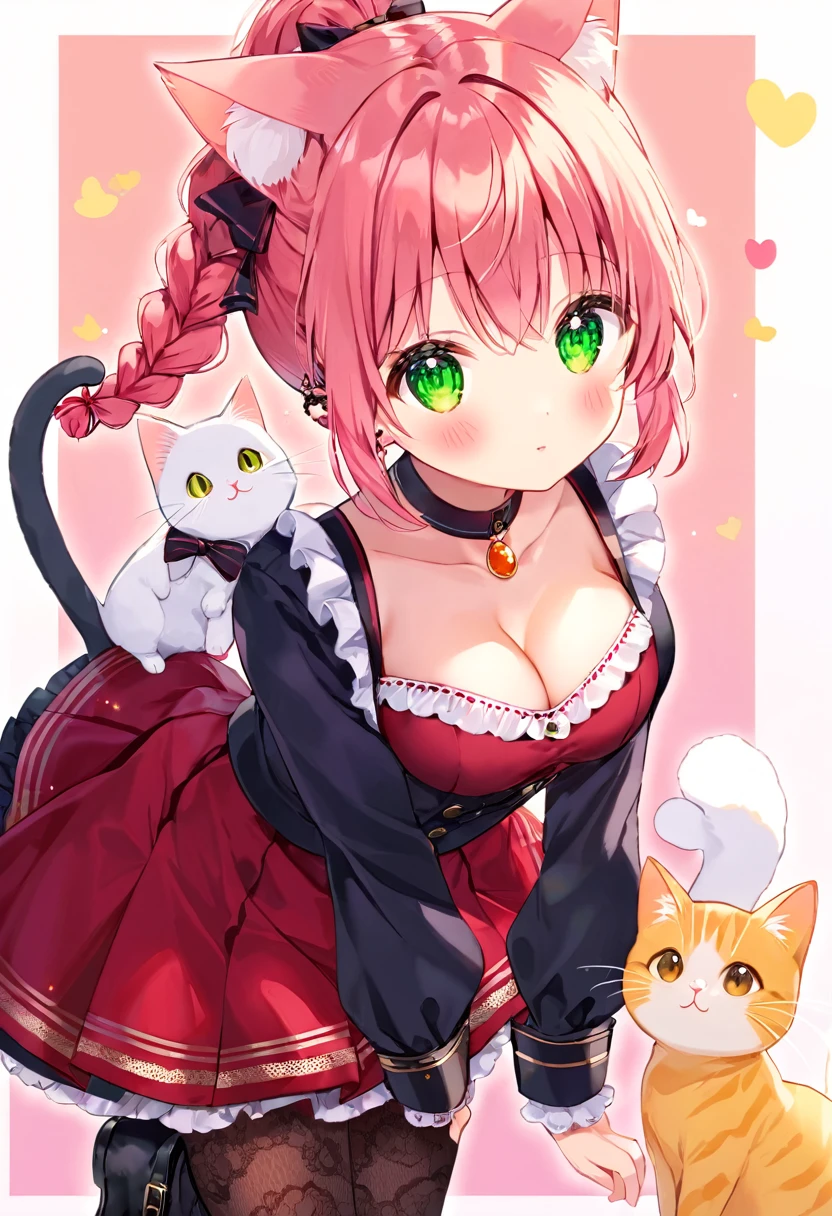 Highest quality、High resolution、Detailed Background、Beautiful face in every detail、Detailed eyes、Teenage Girl、cuteカラーの髪色、Braided Ponytail、Braided twin tails、Perfect body line、Accentuate your cleavage、cute仕草、Cat ear、Cat Eyes、cute猫の手のポーズ、kitten、Dresses and skirts with frills and lace、Dark colors such as black and red、Add lace to the sleeves, hem of the skirt, neckline, etc.、Lace gloves and ribbons、Cross Accessories、Black lace socks or fishnet tights、Choose boots with lace or ribbon decorations or thick soles.、(満面の笑みでこちらを見ているCat earの少女とkitten:1.5)、cute