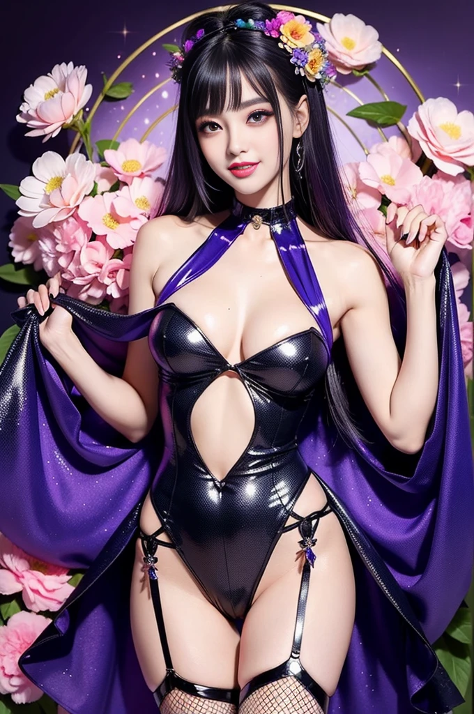 sexy woman who controls poison、beautiful smile、lipgloss、long lashes、smokey eye-makeup、full body Esbian、、sparkling poisoned flower costume、、、、sparkling Colorful hair、secrete poison、skull hair accessories、fishnet tights、flowers background