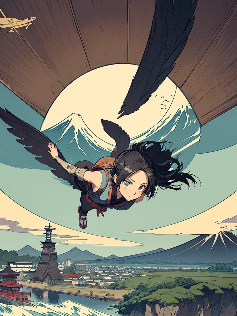  alita is flying alone with her big black wings in a painting of mount fuji by katsushika hokusai