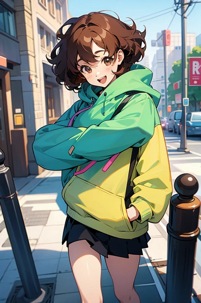 (best quality:0.8) perfect anime illustration, a pretty, happy woman with short curly brown hair on the street in the city, wearing a hoodie, skirt