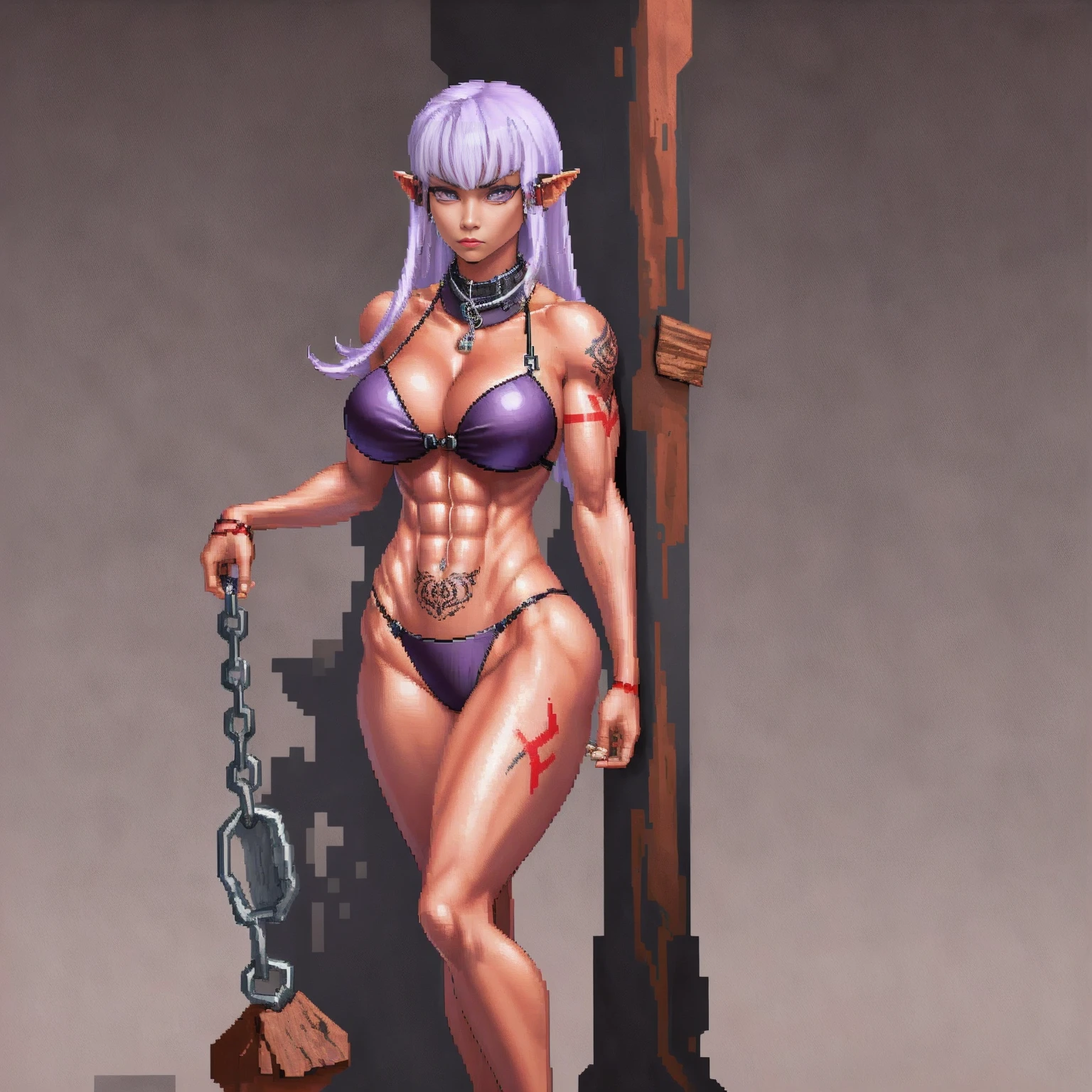 ((standing by wooden pole:1.2)) ((pixel art))((1 girl)) whole body, standing, gray skin, drow, elf, maduro, purple eyes, by white, black bikini, ABS, Large knockers, tattered rags, chain collar, stomach tattoo (red tattoo)