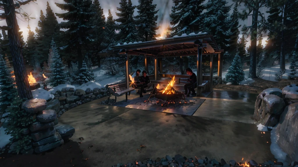 cozy bonfire with benches around it in a dark forest