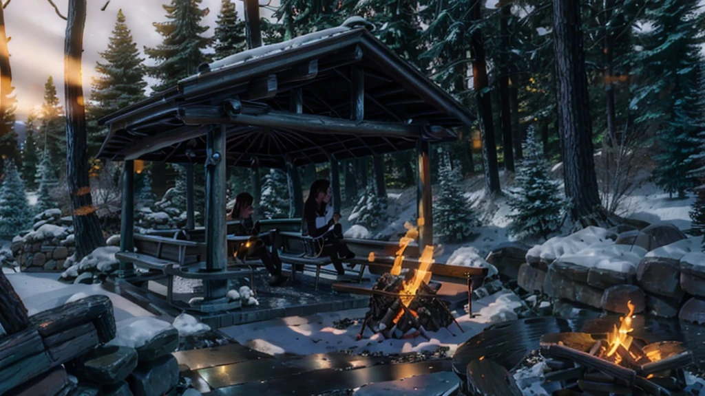 cozy bonfire with benches around it in a dark forest