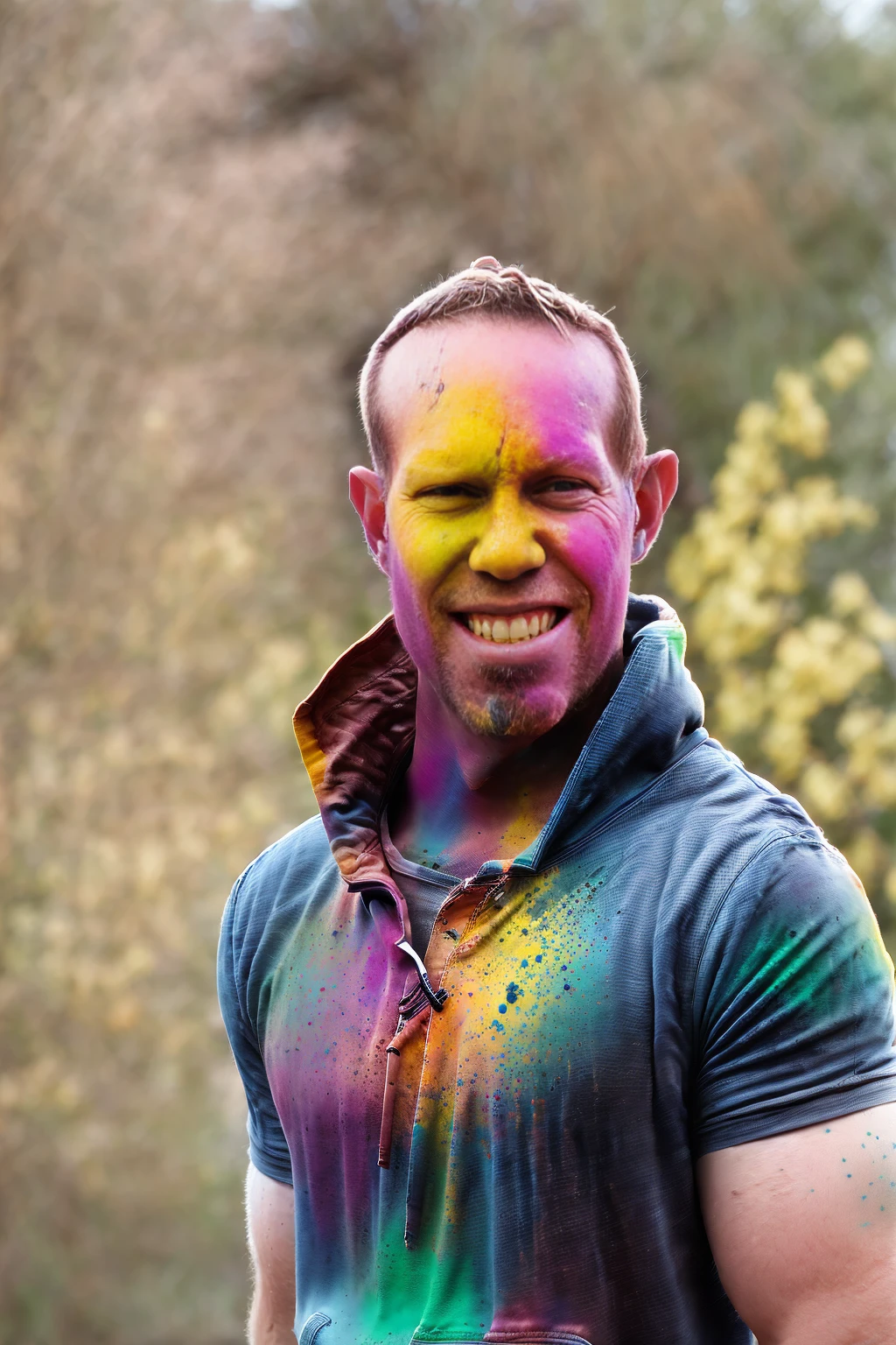 man (Todder9), wearing hoodie, looking at viewer, holi color festival, portrait, hyper detailed POV, by lee jeffries, nikon d850, film stock photograph ,4 kodak portra 400 ,camera f1.6 lens ,hyper realistic ,lifelike texture, dramatic lighting , cinestill 800