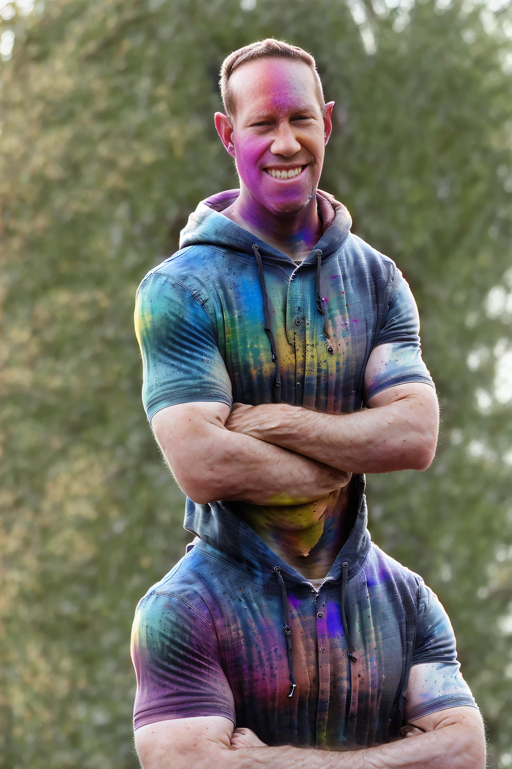 man (Todder9), wearing hoodie, looking at viewer, holi color festival, portrait, hyper detailed POV, by lee jeffries, nikon d850, film stock photograph ,4 kodak portra 400 ,camera f1.6 lens ,hyper realistic ,lifelike texture, dramatic lighting , cinestill 800