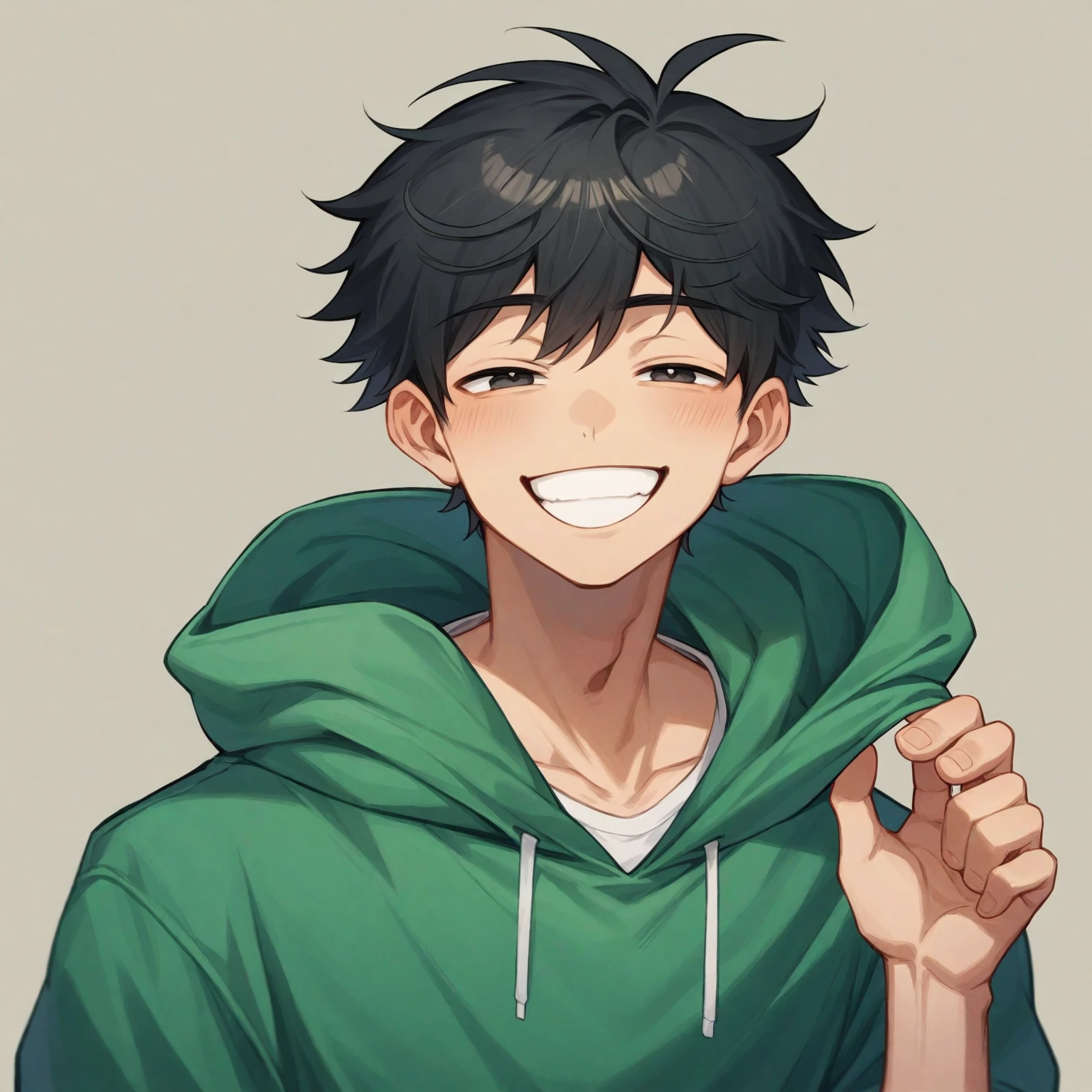 a close up of a person with black hair, [[[[grinning evily]]]], smiling sweetly, smug grin, grinning lasciviously, smileing nright, he is smiling, young anime man, happy expression, anime boy, smiling expression, black anime boy, grinning, smug smile, serene smile