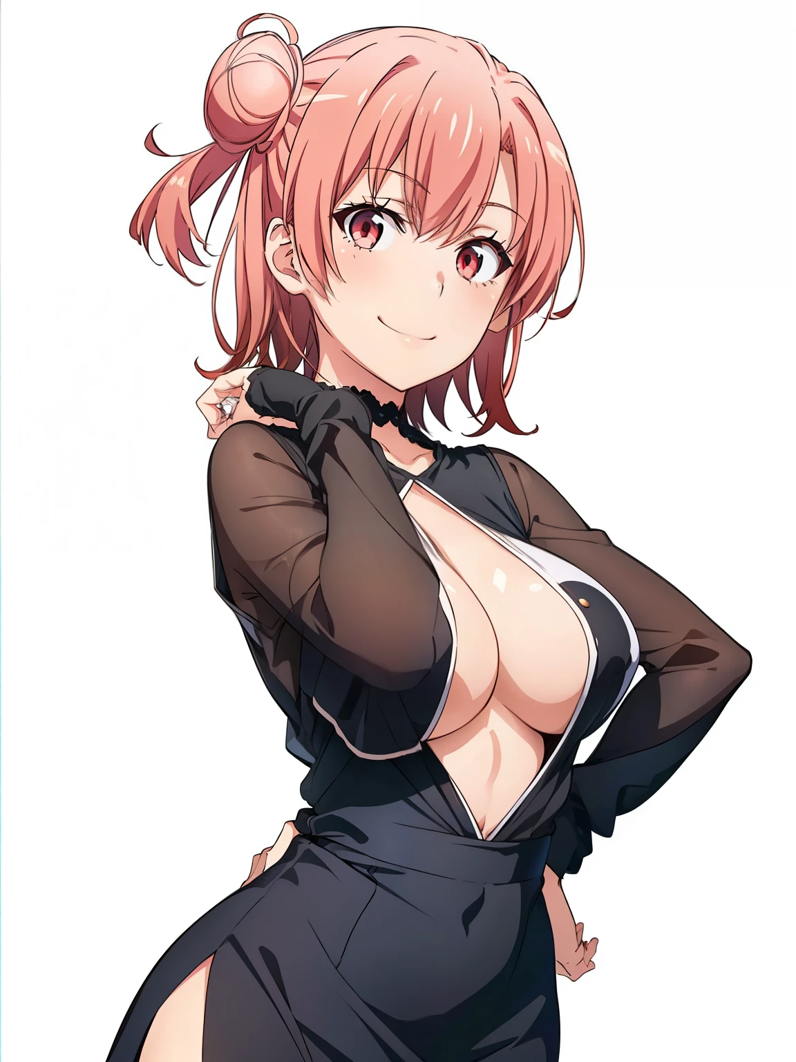 ((masutepiece, Best Quality, hight resolution, nffsw, Perfect Pixel, depth of fields, 4K, )), 1girl in, Solo, , Beautiful anime girl, Beautiful Art Style, close up, Looking at Viewer, Perfect body, Yuigahama Yui, Short hair, pink hair, hairbun, (large boob), hands on hips, tight black dress, see through, breasts, nipples, smiling, blank white background, cowboy shot