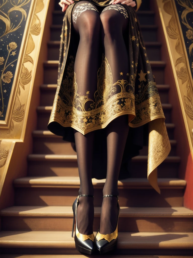 Beautiful closeup of black and white striped stockings with gold stars, adorned in high heels in the style of cool, Art Nouveau, romantic illustrations, monochromatic masterpieces, intricate patterns, hand-drawn details, black lines, black ink, and golden light, sitting on the stairs of an old building, close-up perspective, side view, fantasy, and dreamy atmosphere. The background is a starry sky. High resolution, high quality. --ar 3:4 --niji 6