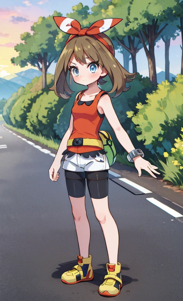 masterpiece,Highest quality,1 Girl,alone,Pokémon-like art style,(bold:1.6),(flat:1.5), may \(pokemon\), red shirt, tank top, headband, bow, white shorts, bike shorts under shorts, yellow footwear, full body , pkmnmay, blue eyes, brown hair, hair ribbon, red hairband,red tank top, white shorts, black bike shorts, bike shorts under shorts, bracelet, looking at viewer, standing, holding poke ball, outside, mountain, trees, dusk, sunset, high quality, masterpiece,(Blushing,Embarrassing:1.3)