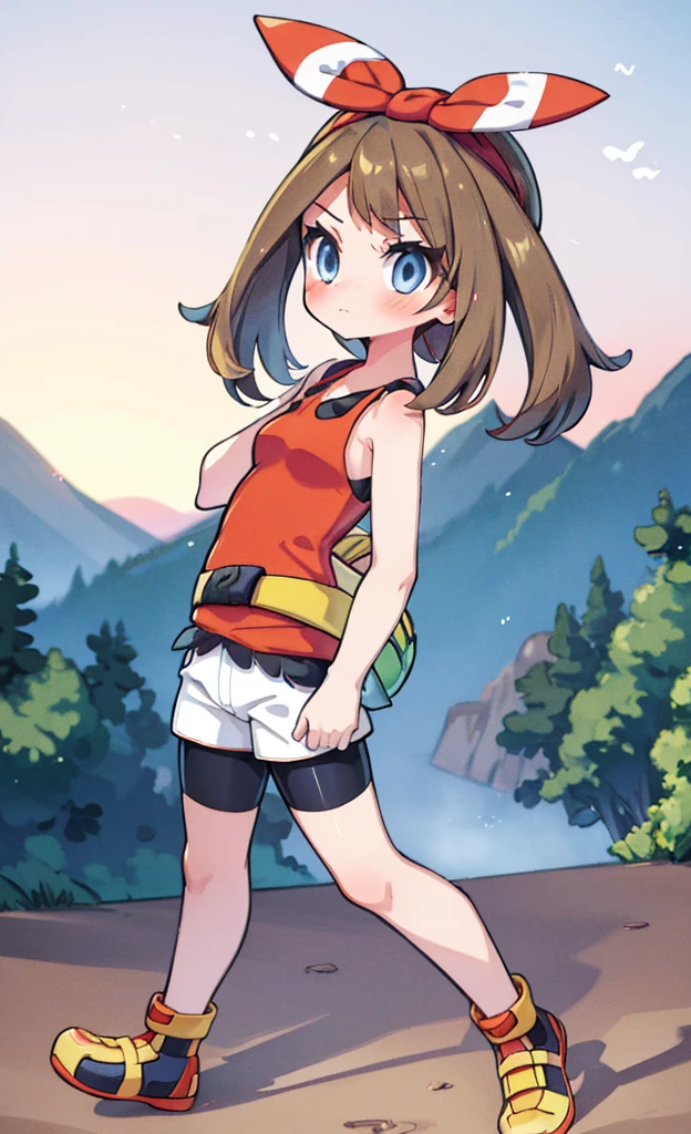 masterpiece,Highest quality,1 Girl,alone,Pokémon-like art style,(bold:1.6),(flat:1.5), may \(pokemon\), red shirt, tank top, headband, bow, white shorts, bike shorts under shorts, yellow footwear, full body , pkmnmay, blue eyes, brown hair, hair ribbon, red hairband,red tank top, white shorts, black bike shorts, bike shorts under shorts, bracelet, looking at viewer, standing, holding poke ball, outside, mountain, trees, dusk, sunset, high quality, masterpiece,(Blushing,Embarrassing:1.3)