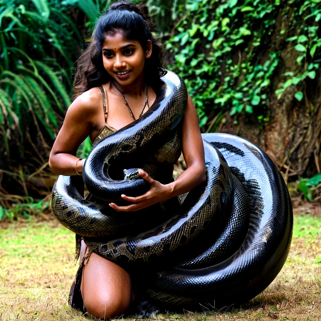    Happy Horny, aroused 1girl), beautiful kneeling indian young teen girl  with  giant colossal black titanboa squeezing her hard, wrapped in thick spiraling coils, constricted, struggle, gasping for air, snake attack, snake peril, moonless night, dim light