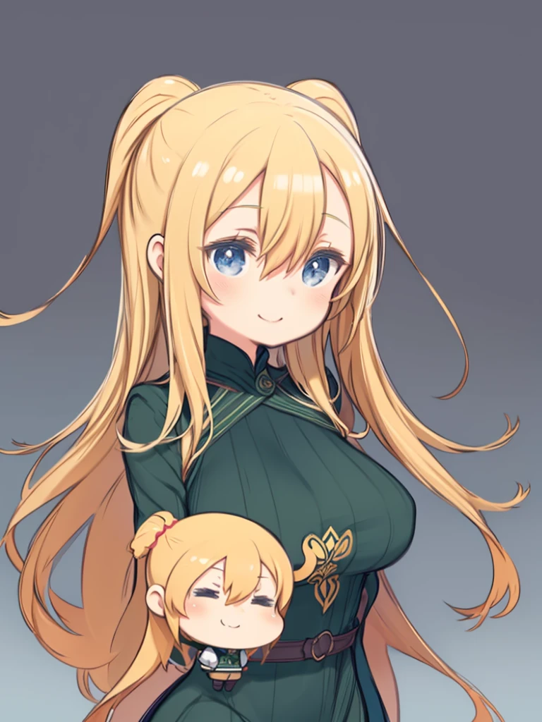 One Woman、(Chibi Character、Nendoroid、five-headed body、Front view、upright、Simple Background、Flat Color)、Blonde Hair、long hair、Hair between the eyes、Big Breasts、Huge breasts、Green clothes、Turtleneck sweater、Smiling、