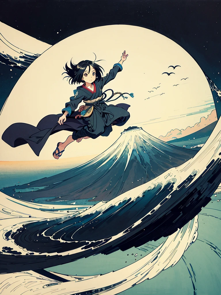  alita is flying alone with her big black wings in a painting of mount fuji by katsushika hokusai