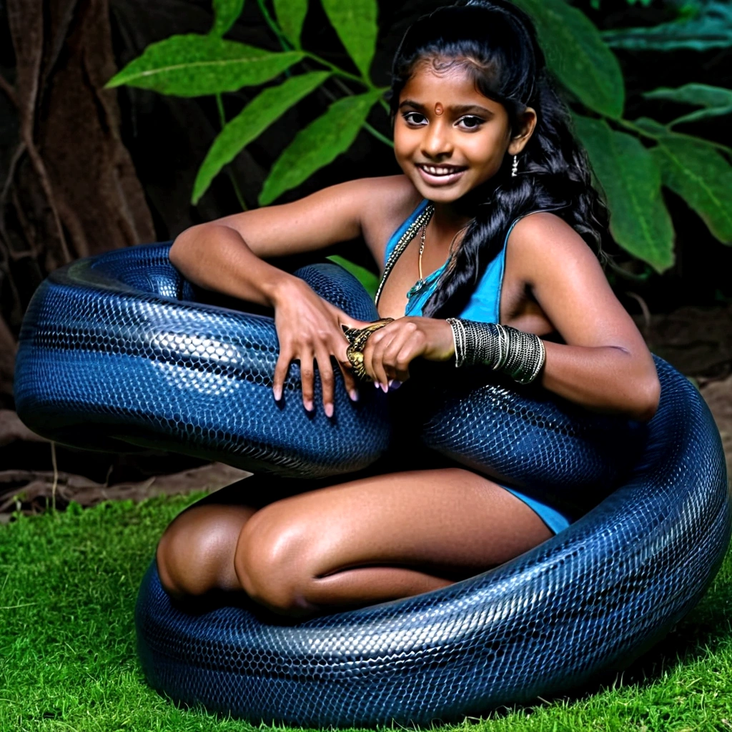 Happy Horny, aroused 1girl), beautiful kneeling Indian  young teen girl with  giant colossal black titanboa squeezing her hard, wrapped in thick spiraling coils, constricted, struggle, gasping for air, snake attack, snake peril,