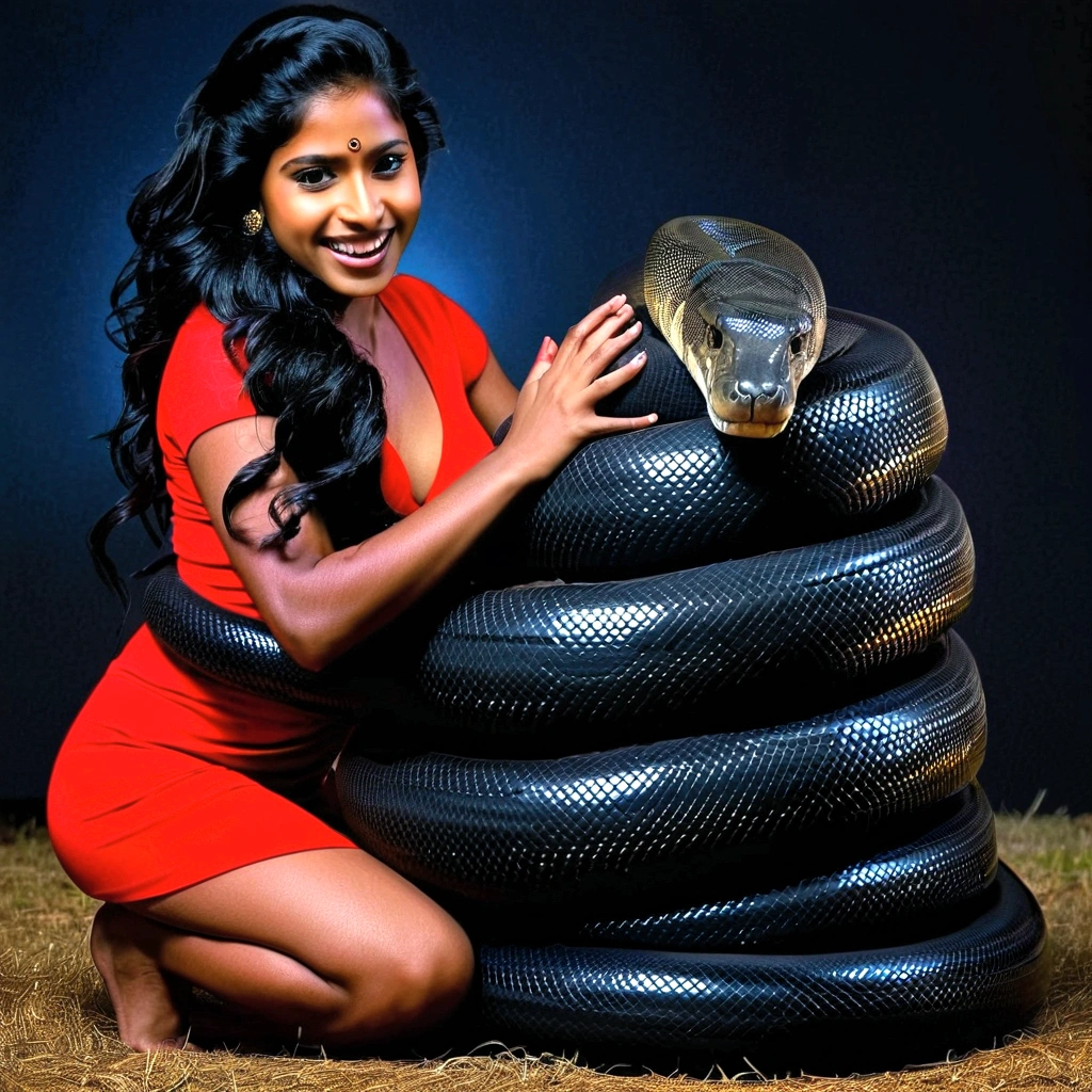 Happy Horny, aroused 1girl), beautiful kneeling indian young teen girl with giant colossal black titanboa squeezing her hard, wrapped in thick spiraling coils, constricted, struggle, gasping for air, snake attack, snake peril, moonless night, dim light