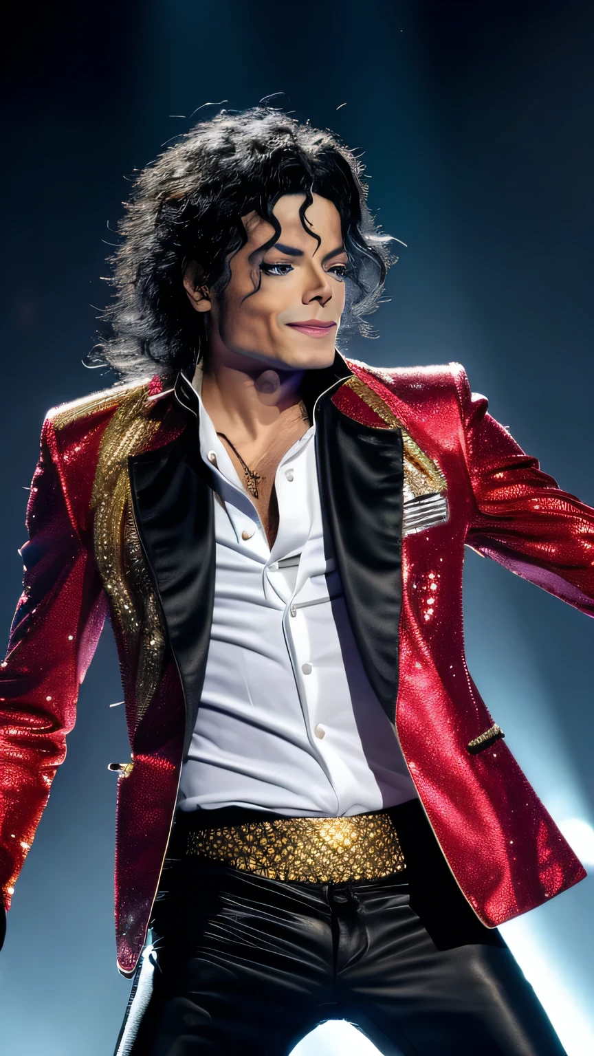 Prompt 1:
"Describe an ultra-detailed image of Michael Jackson on stage, wearing a black leather jacket with gold metal details. He&#39;s holding a silver microphone and his white gloves shine under the show&#39;s bright lights.. Your hair is combed back, highlighting his energetic dance moves as he sings with passion."

Prompt 2:
"Create an ultra-realistic visual representation of Michael Jackson on stage, wearing a white silk ruffled shirt and tight black pants. He's center stage, with a spotlight following your precise dance steps. Subtle makeup highlights his determined face as he sings with intensity, capturing the essence of your unparalleled performance."

Prompt 3:
"Imagine uma imagem em UHD de Michael Jackson no palco, wearing a vibrant red suit with black details. He is enveloped by an atmosphere of soft smoke, accentuated by strobe lights that flash to the rhythm of the music. Your dancing shoes reflect the stage light, as he leans back, holding the microphone with one hand and moving your hips with style."

Prompt 4:
"Describe an 8K scene of Michael Jackson on stage, wearing a crisp white set of clothes, including a silk shirt with silver accents and tight pants. He&#39;s in the center of a beam of light, with his black hat tilted forward, highlighting her expressive face and trademark fluid dance movements. The audience in the background is euphoric, capturing the unique energy of a music icon."