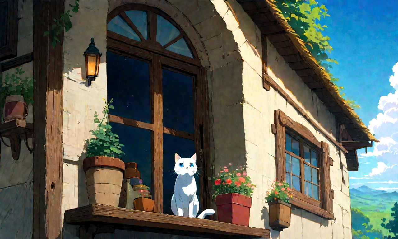 Studio Ghibli-style anime movies, Movie stills, Highest quality, masterpiece, Representative works, Official Art, Professional, Super intricate details, 8K,There is a cat、relax、A cat looking out the window、Beautiful blue sky